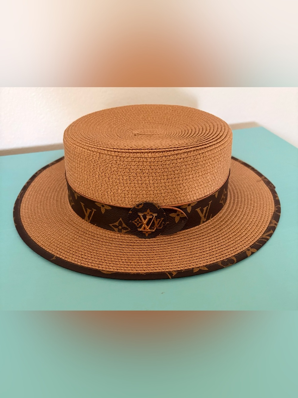 Tan Straw Boater Hat with Monogram Band